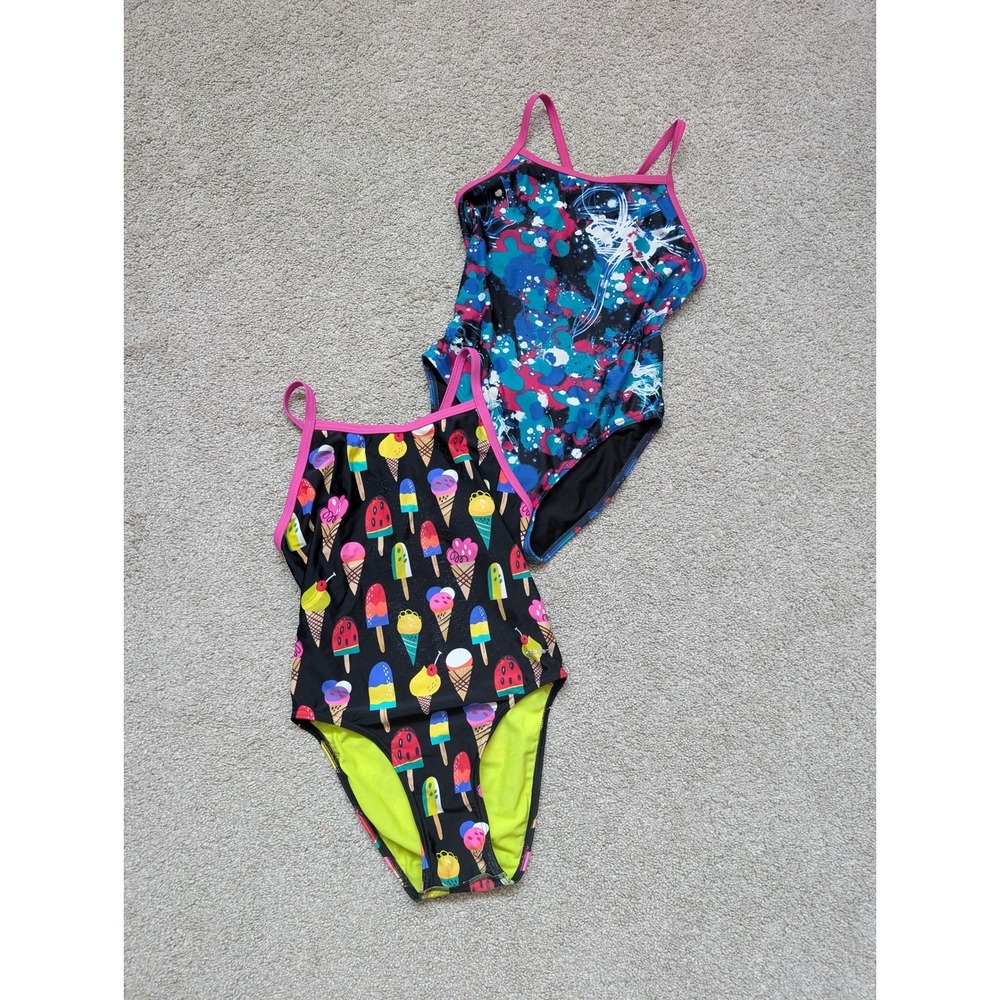 Sporti One Piece Swimsuit Lot 2 Women 34 Nylon Lycra Ice Cream Abstract Splatter